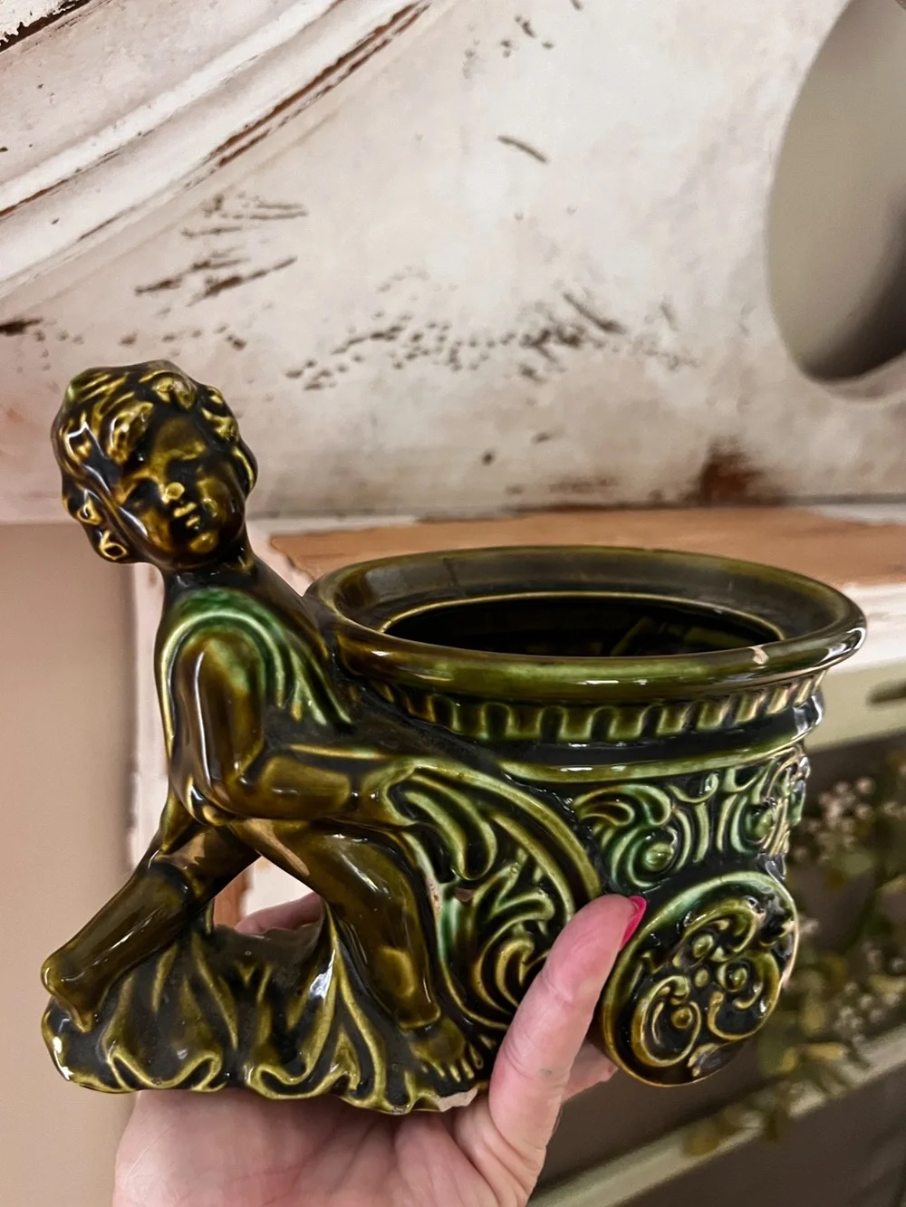 Vintage Green Ceramic Lady Cart Planter Cottagecore Decor